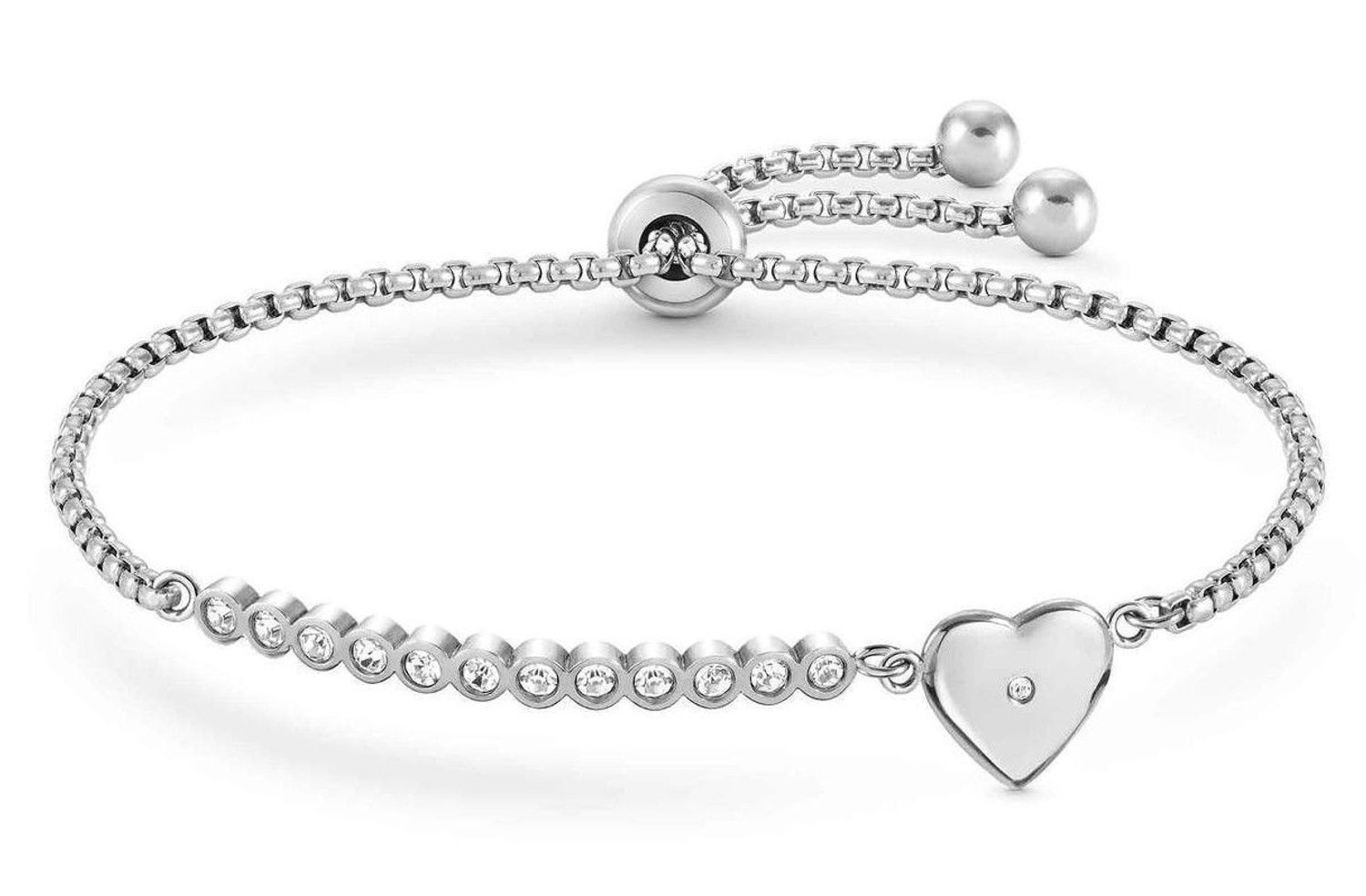 Bransoletka Nomination Italy z kolekcji Milleluci. Wykonana ze stali szlachetnej, zdobiona mieniącymi się, błyszczącymi cyrkoniami oraz zawieszką w kształcie serca. Ułożone obok siebie cyrkonie podkreślają (2).jpg